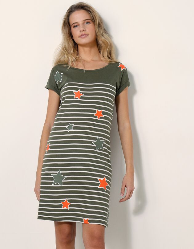 Chemise de nuit rayée et étoiles, fils teints (kaki)