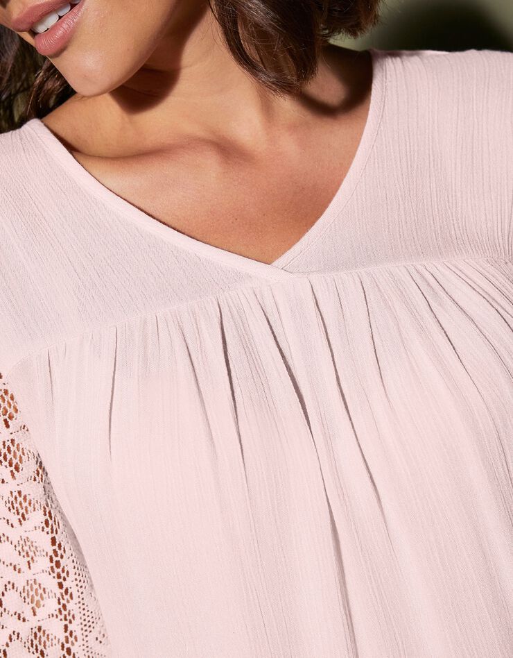 Blouse unie col V manches 3/4 macramé (rose pâle) Blouse unie col V manches 3/4 macramé (rose pâle)