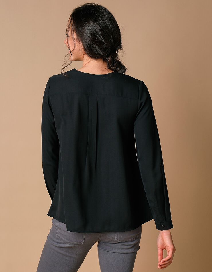 Blouse boutonnée à plis évasée unie, crêpe (noir) Blouse boutonnée à plis évasée unie, crêpe (noir)