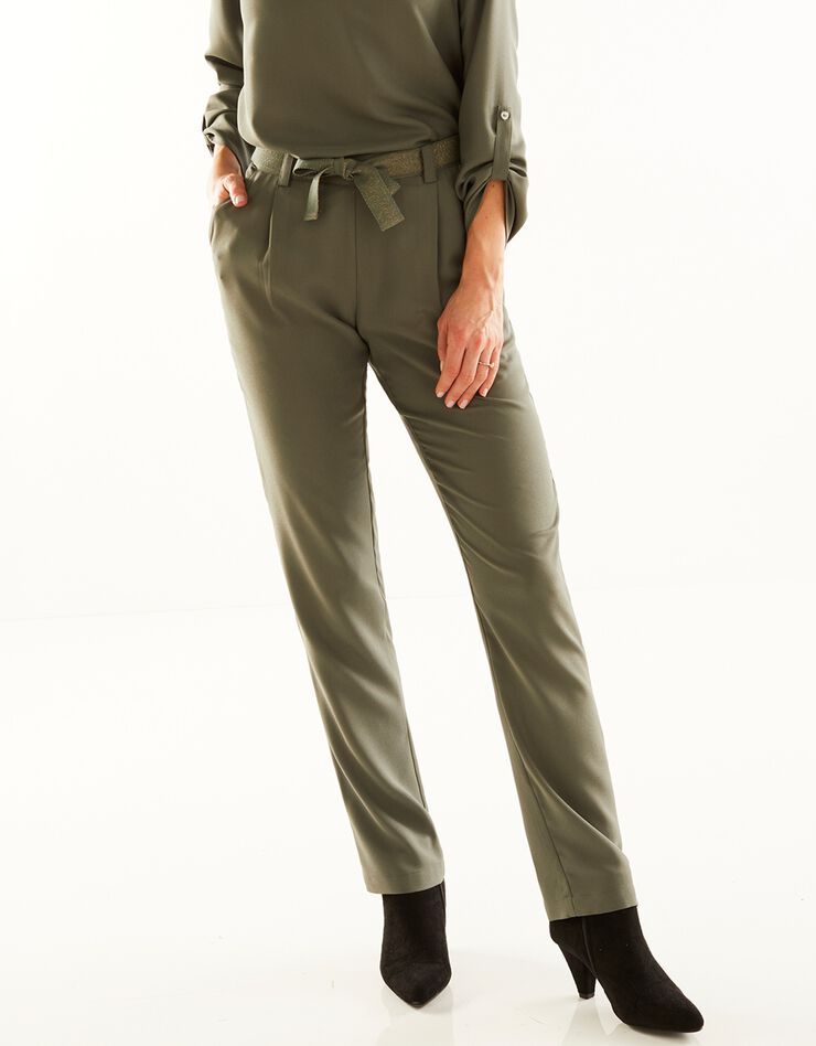 Pantalon uni crêpe fluide ceinture dorée (kaki) Pantalon uni crêpe fluide ceinture dorée (kaki)