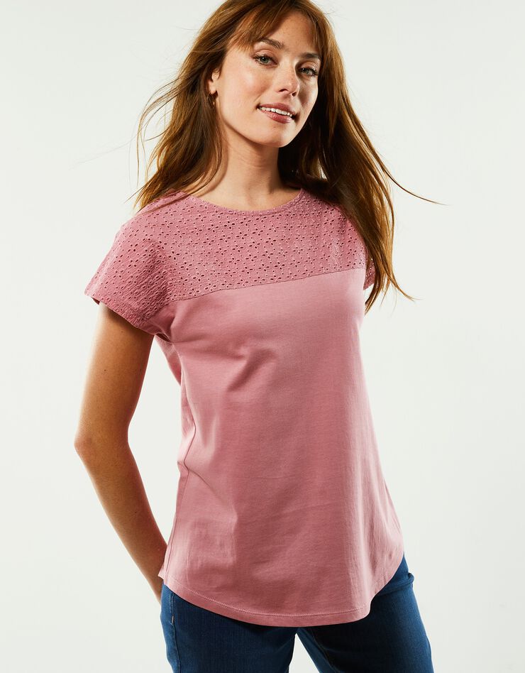 Tee-shirt broderie anglaise manches courtes (rose grisé) Tee-shirt broderie anglaise manches courtes (rose grisé)