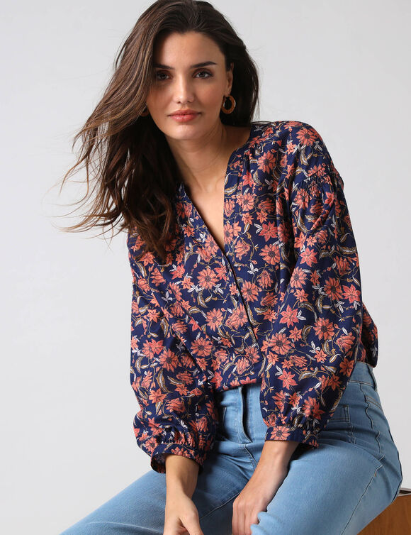 Blouse imprim&eacute;e manches blousantes (bleu)