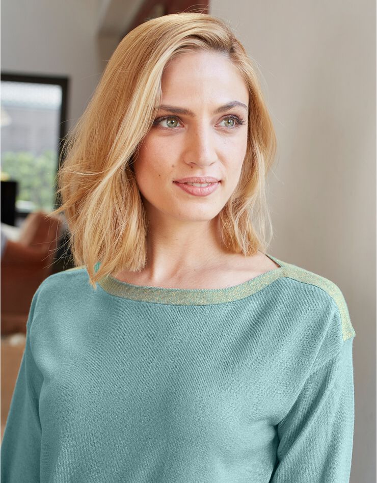 Pull marinière uni, toucher cachemire détails brillants (vert amande) Pull marinière uni, toucher cachemire détails brillants (vert amande)