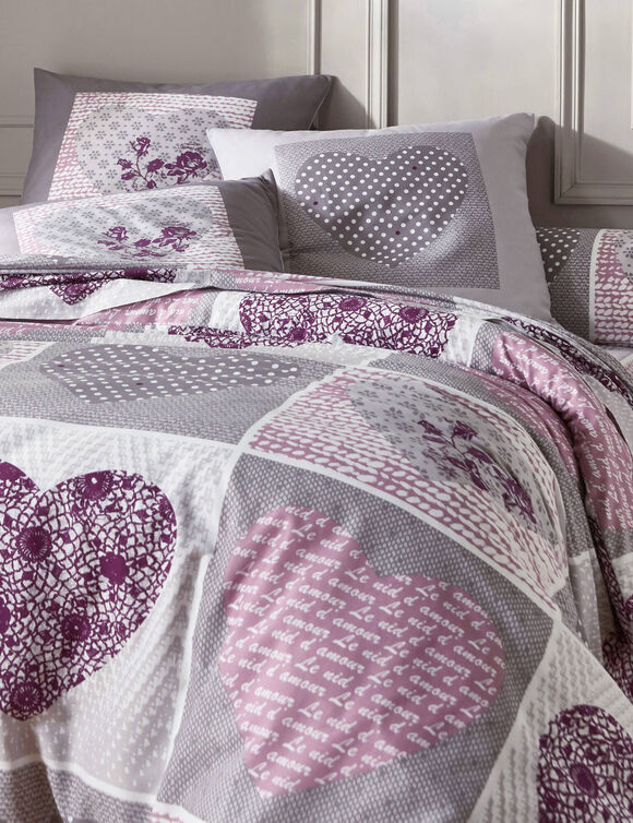 Linge de lit Lovely en flanelle imprim&eacute; coeurs  (gris / parme)