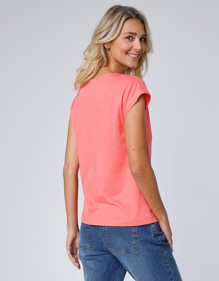 Tee-shirt col V boutonné brodé cerises, spécial petites (pêche) Tee-shirt col V boutonné brodé cerises, spécial petites (pêche)