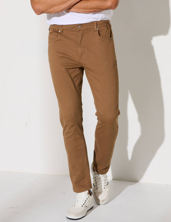 Pantalon droit 5 poches &eacute;lastiqu&eacute; c&ocirc;t&eacute;s - L28 (marron clair)