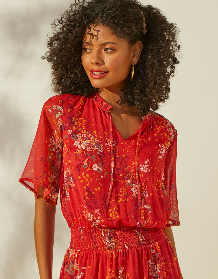 Robe volantée en voile imprimé (corail) Robe volantée en voile imprimé (corail)