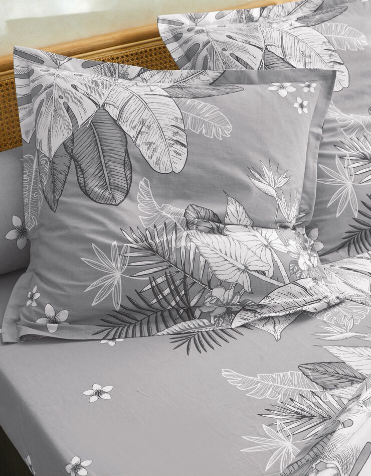 Linge de lit Elyse en coton imprimé fleurs et feuilles de palmes (gris)
