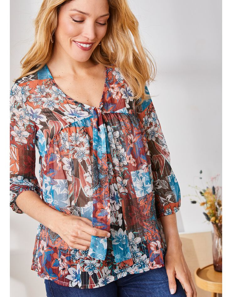 Blouse col lavallière, imprimé fleuri (chocolat / beige) Blouse col lavallière, imprimé fleuri (chocolat / beige)