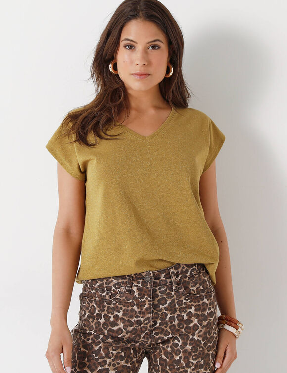 T-shirt col V, maille fantaisie brillante (bronze)