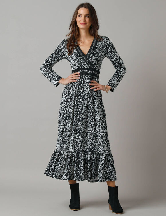 Robe longue effet cache-coeur, maille imprimée (noir / écru)
