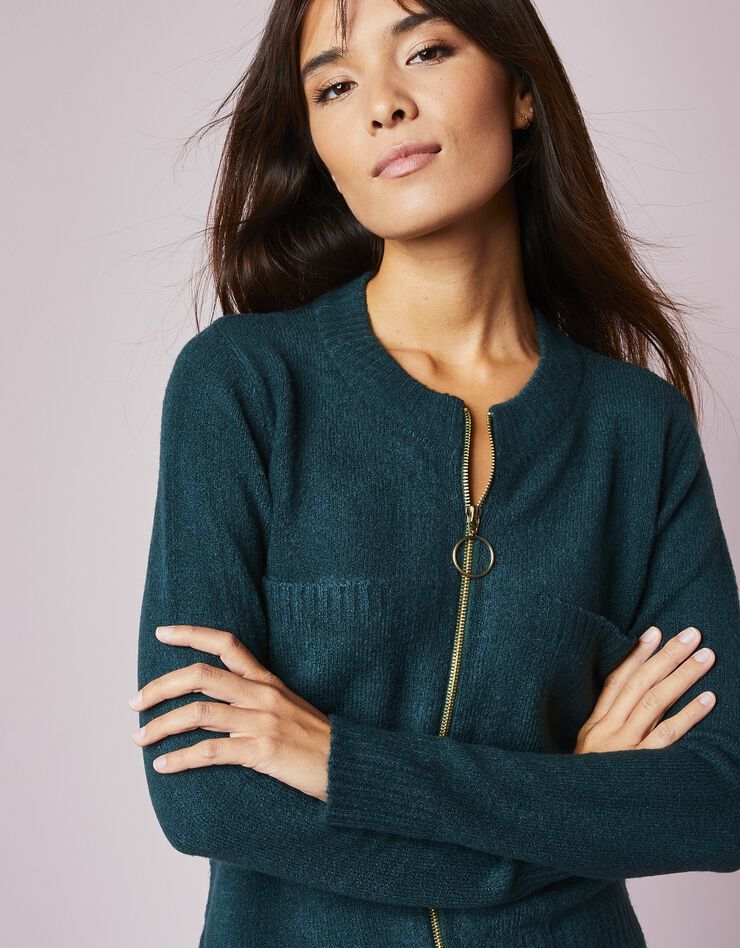 Cardigan zippé poches, maille moulinée (vert émeraude) Cardigan zippé poches, maille moulinée (vert émeraude)