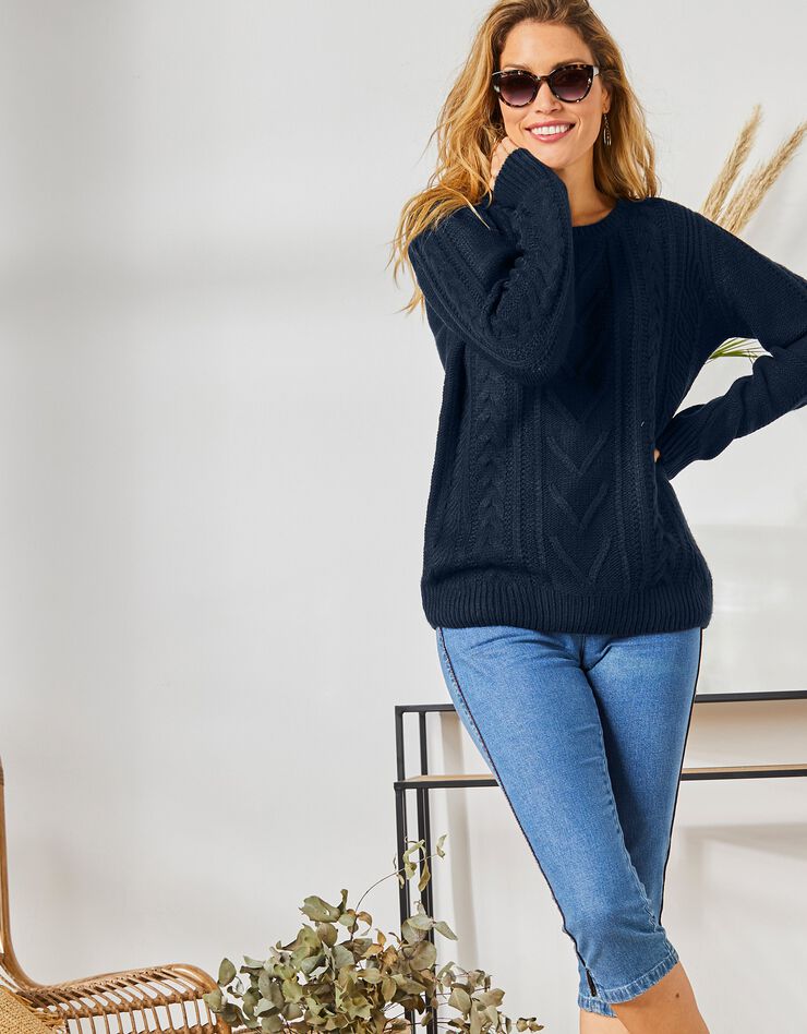 Pull femme col rond torsadé toucher cachemire, manches longues (marine) Pull femme col rond torsadé toucher cachemire, manches longues (marine)