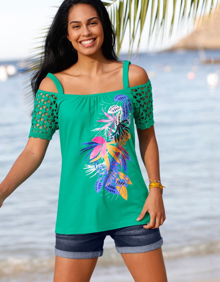 Tee-shirt imprimé épaules dénudées (vert) Tee-shirt imprimé épaules dénudées (vert)