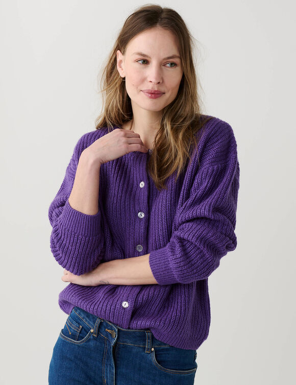Cardigan &agrave; boutons paillet&eacute;s, maille anglaise (violet)