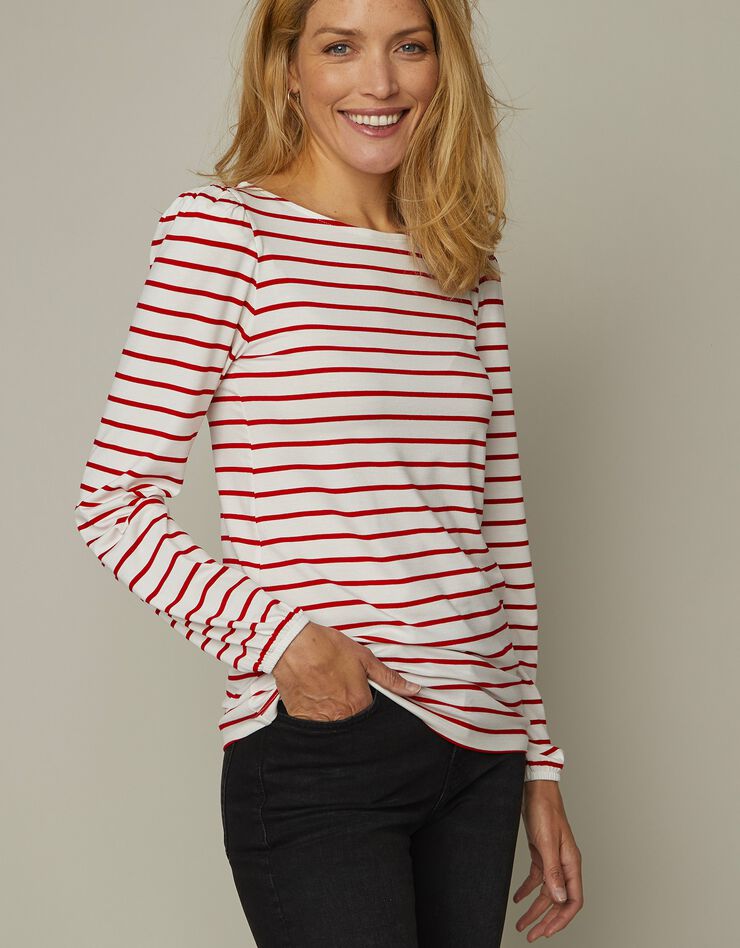 Tee-shirt col bateau rayé, fils tissés-teints (écru / rouge) Tee-shirt col bateau rayé, fils tissés-teints (écru / rouge)