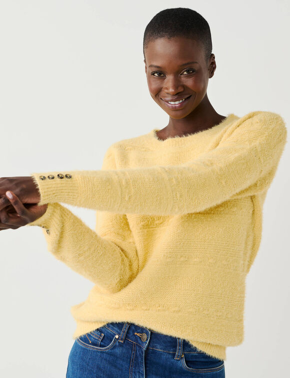 Pull col rond, maille poilue fantaisie (jaune p&acirc;le)