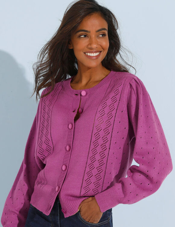 Cardigan boutonné, maille ajourée (violine)