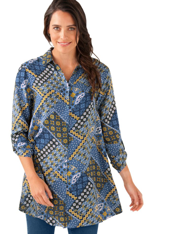 Tunique imprimée boutonnée manches longues (bleu indigo) Tunique imprimée boutonnée manches longues (bleu indigo)
