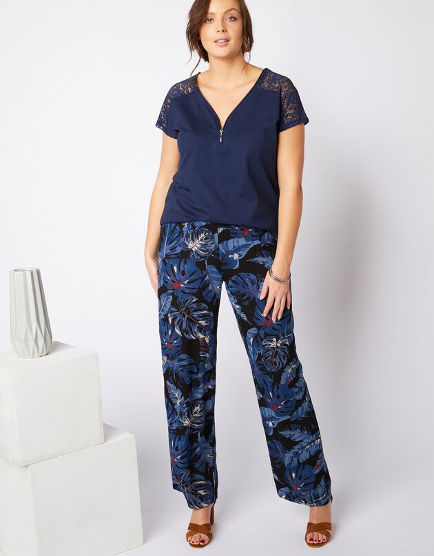 Pantalon large en crépon fluide - imprimé (noir / indigo) Pantalon large en crépon fluide - imprimé (noir / indigo)