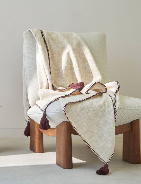 Plaid uni coton textur&eacute; (ivoire)