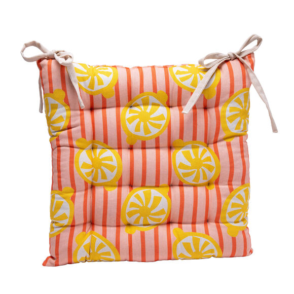 Galette de chaise imprim&eacute; ray&eacute; et citrons r&eacute;versible - lot de 2 (jaune / corail)
