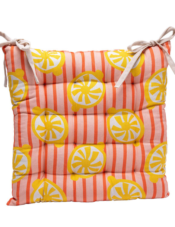 Galette de chaise imprim&eacute; ray&eacute; et citrons r&eacute;versible - lot de 2 (jaune / corail)