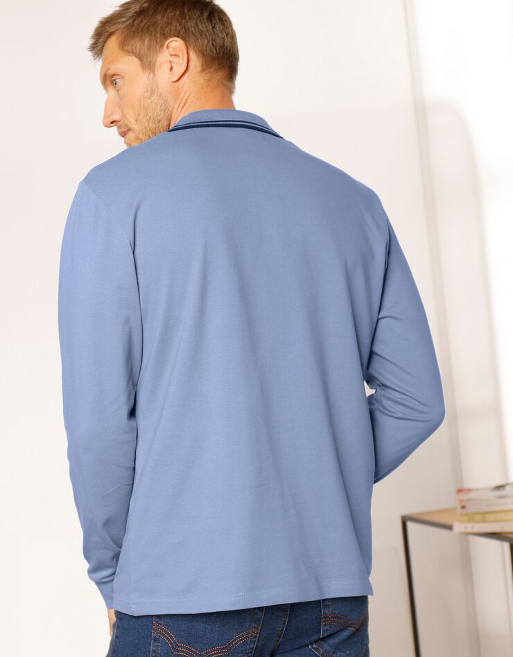 Polo uni maille piquée manches longues (bleu jean) Polo uni maille piquée manches longues (bleu jean)