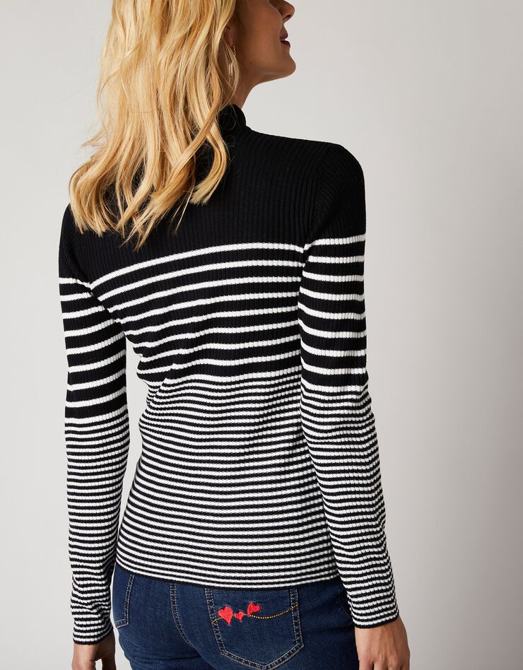 Pull col montant rayé bicolore maille côtelée (noir / écru) Pull col montant rayé bicolore maille côtelée (noir / écru)