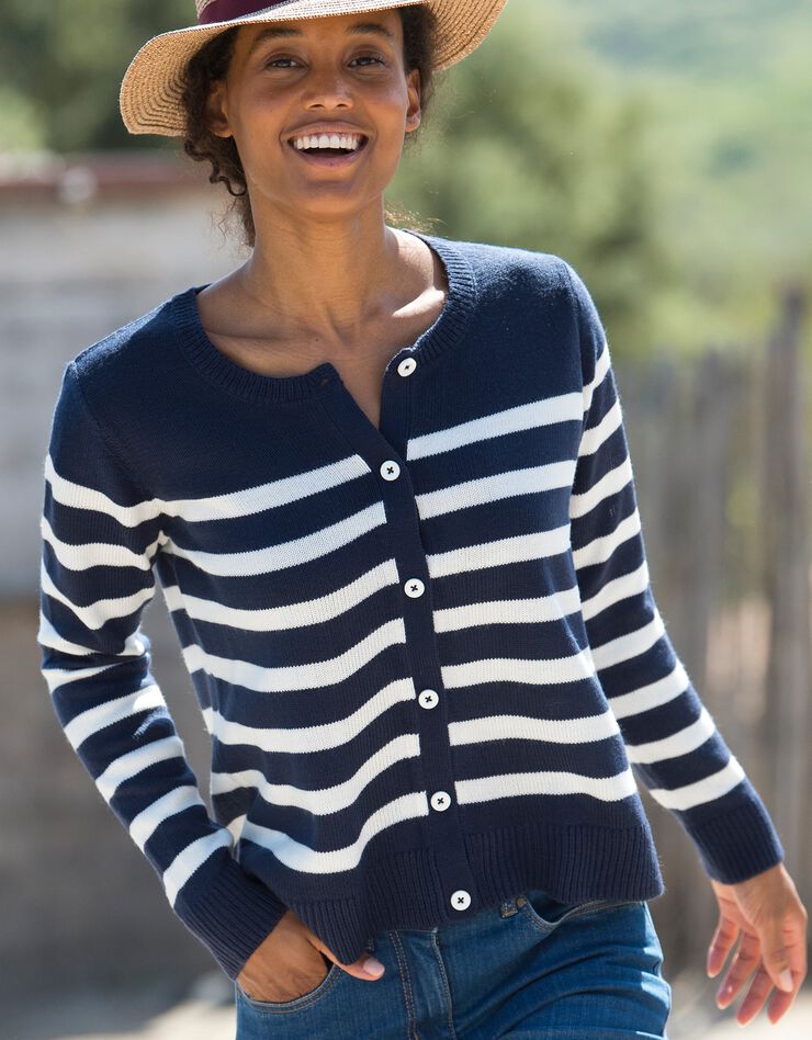 Cardigan rayé boutonné (marine / écru) Cardigan rayé boutonné (marine / écru)