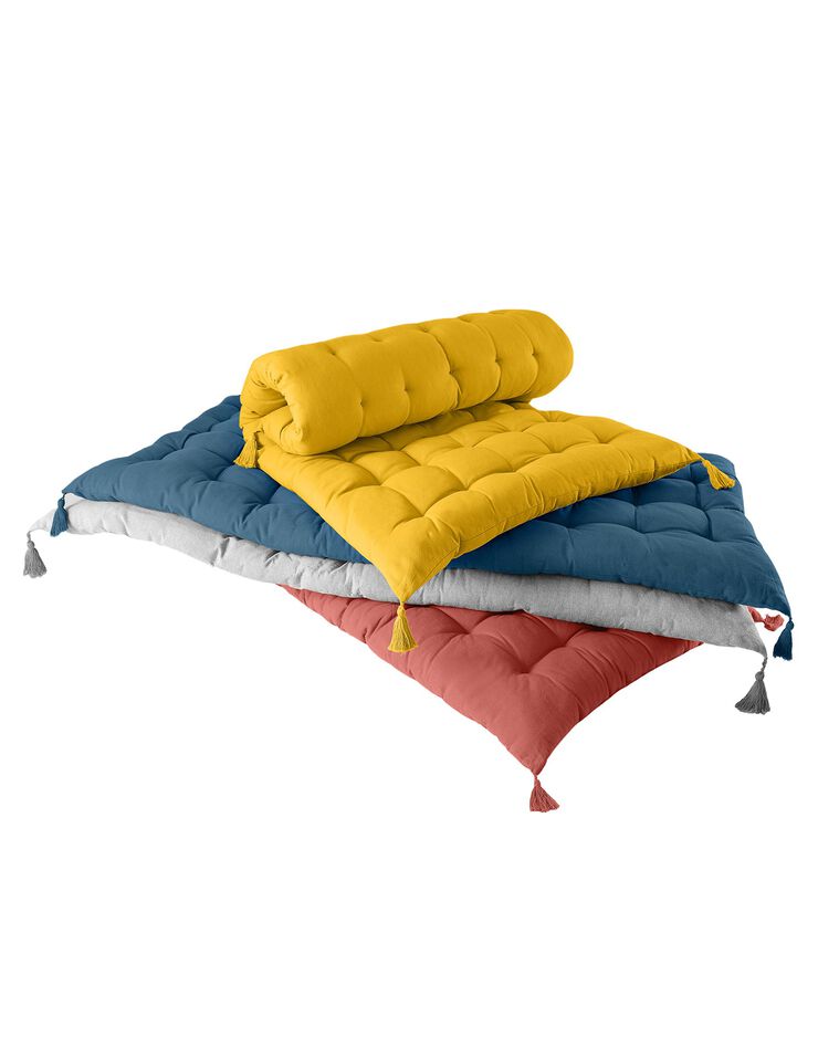 Long coussin déco coton recyclé finition pompons (bleu) Long coussin déco coton recyclé finition pompons (bleu)