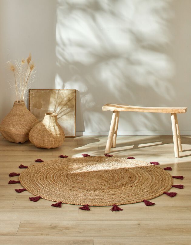 Tapis jute finition pompons - rond (bordeaux)