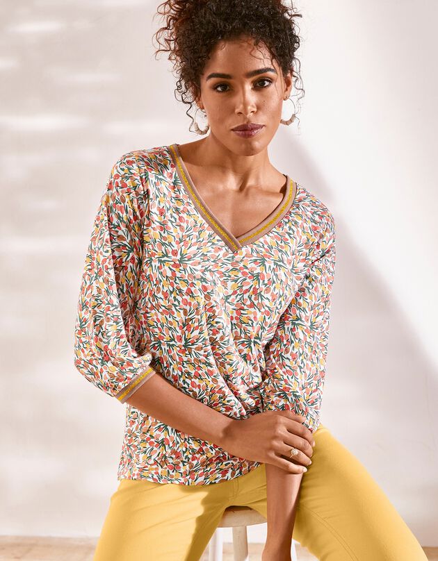Tee-shirt manches 3/4 imprimé fleurs (corail)