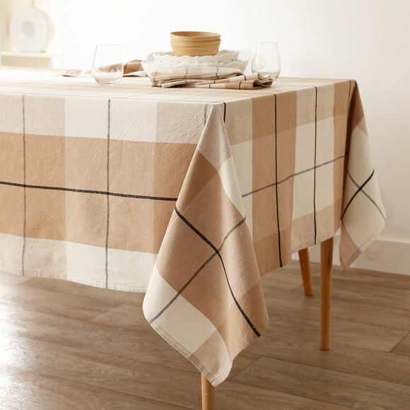 Nappe carreaux coton lin tiss&eacute; teint (beige)