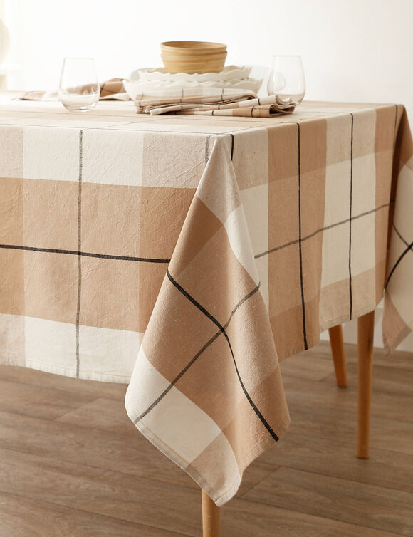 Nappe carreaux coton lin tiss&eacute; teint (beige)