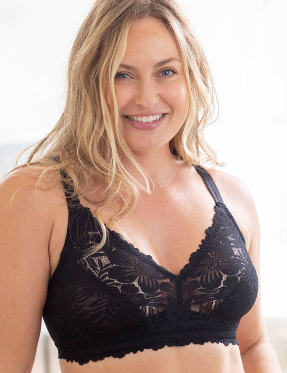 Soutien-gorge grand maintien dentelle coton stretch motif floral - sans armatures (noir)