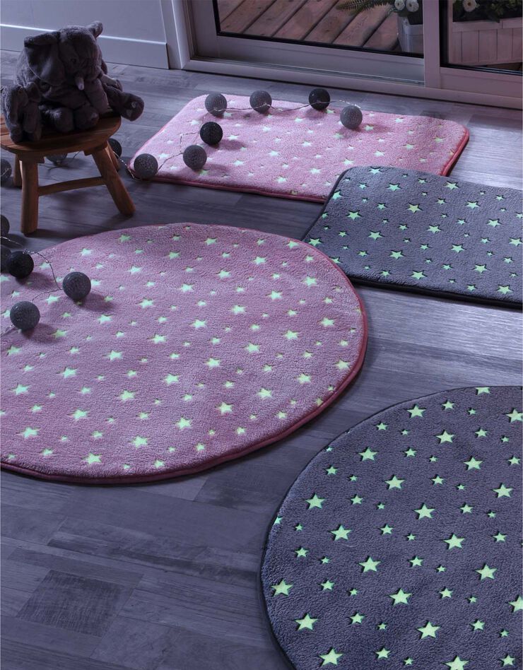 Tapis flanelle imprimé étoiles phosphorescentes - rond (rose)
