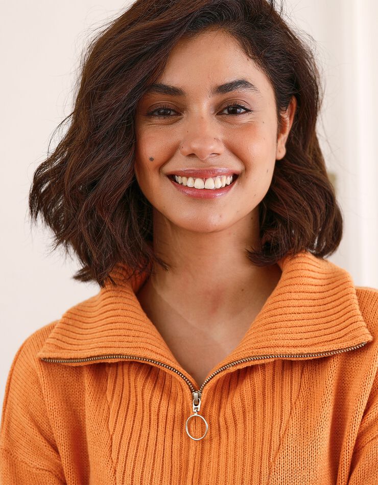 Pull col zippé maille côtelée (ocre) Pull col zippé maille côtelée (ocre)