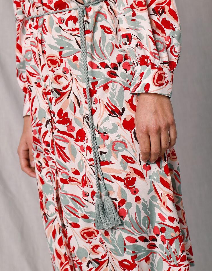 Robe-chemisier mi-longue crêpe imprimé (écru / rouge) Robe-chemisier mi-longue crêpe imprimé (écru / rouge)