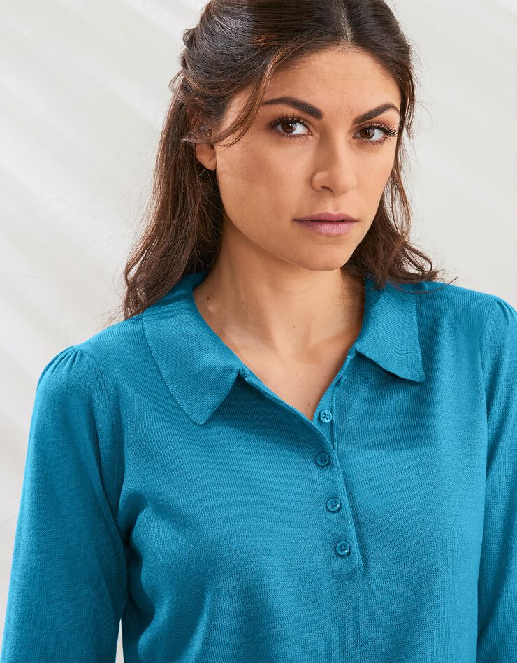 Pull col polo manches 3/4, toucher cachemire (bleu prusse)