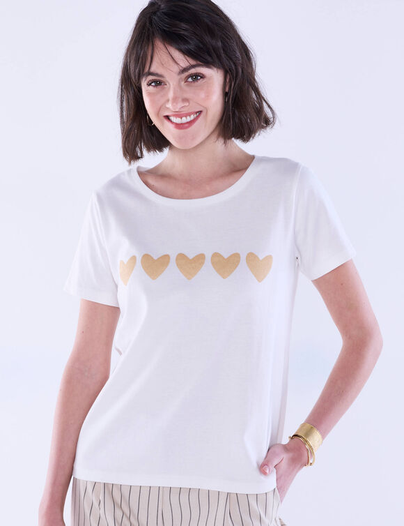 T-shirt manches courtes, imprimé coeurs dorés (écru)