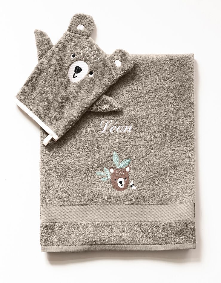 Collection éponge enfant brodée ourson personnalisable coton (taupe)