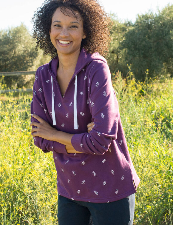 Sweat imprim&eacute; avec capuche en molleton (prune)