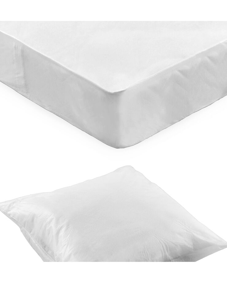 Kit jetable 1 ou 2 personnes : protège-oreillers + protège-matelas forme housse - lot de 10 (blanc) Kit jetable 1 ou 2 personnes : protège-oreillers + protège-matelas forme housse - lot de 10 (blanc)