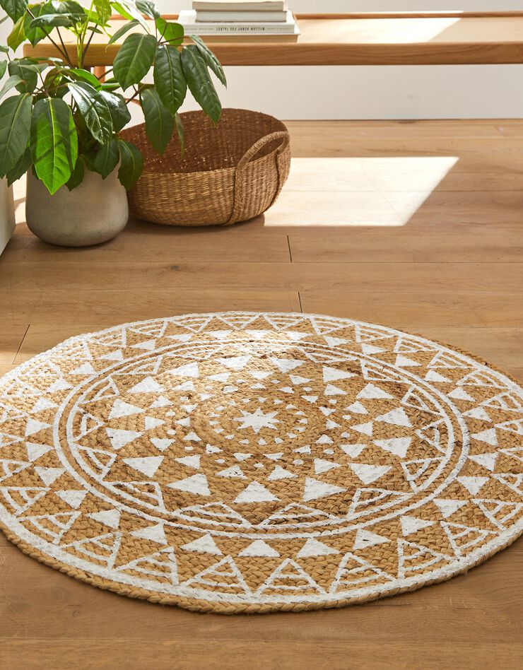 Tapis rond en jute imprimé blanc (blanc / naturel)