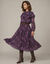 Blouse volant&eacute;e col montant, manches longues, voile imprim&eacute; fleurs (violet)