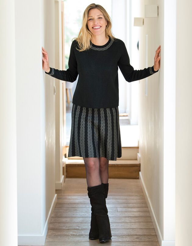 Jupe évasée taille élastiquée, tricot jacquard (noir / gris)