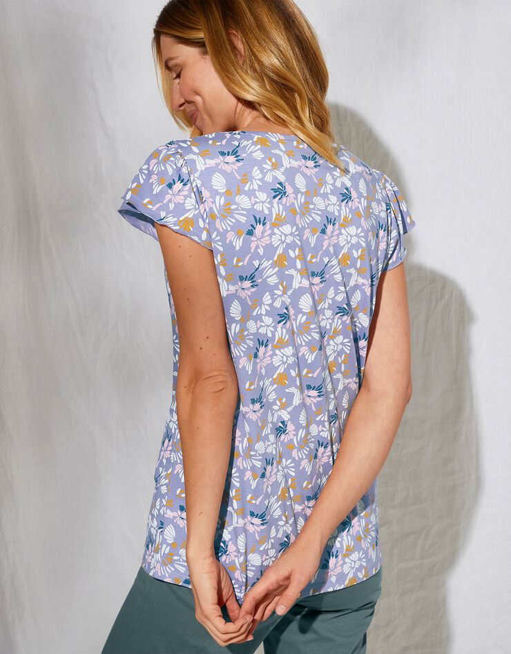 Tee-shirt pyjama manches courtes imprimé "pétales de fleurs" (parme / écru)