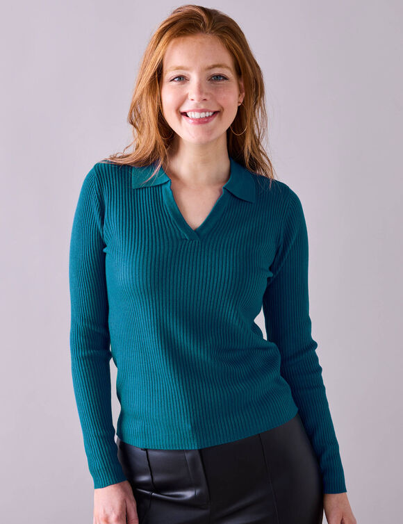 Pull col polo, maille côtelée (bleu canard)