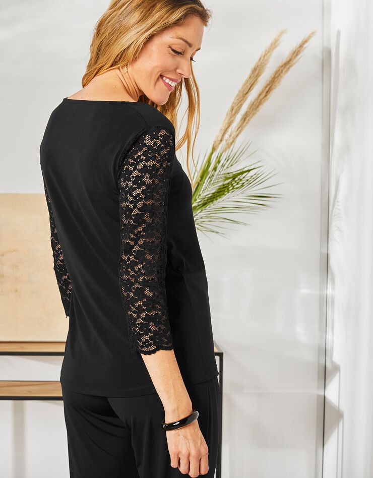 Tee-shirt dentelle col V manches 3/4 (noir) Tee-shirt dentelle col V manches 3/4 (noir)